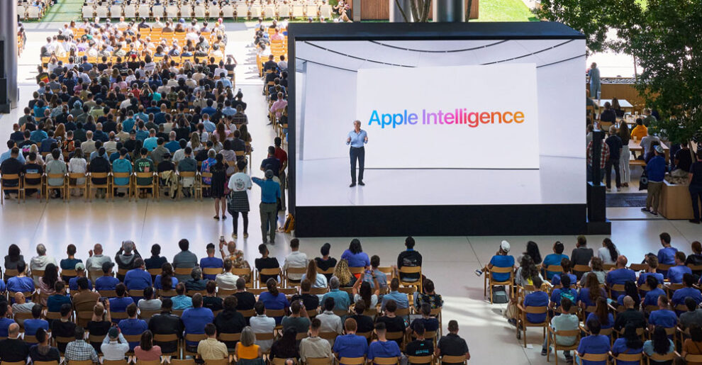 Apple Vice President of Software Engineering Craig Federighi introduces Apple Intelligence during the WWDC24 keynote at Apple Park.