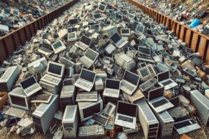 Stacks of old computers in a landfill symbolizing the IT e-waste crisis.